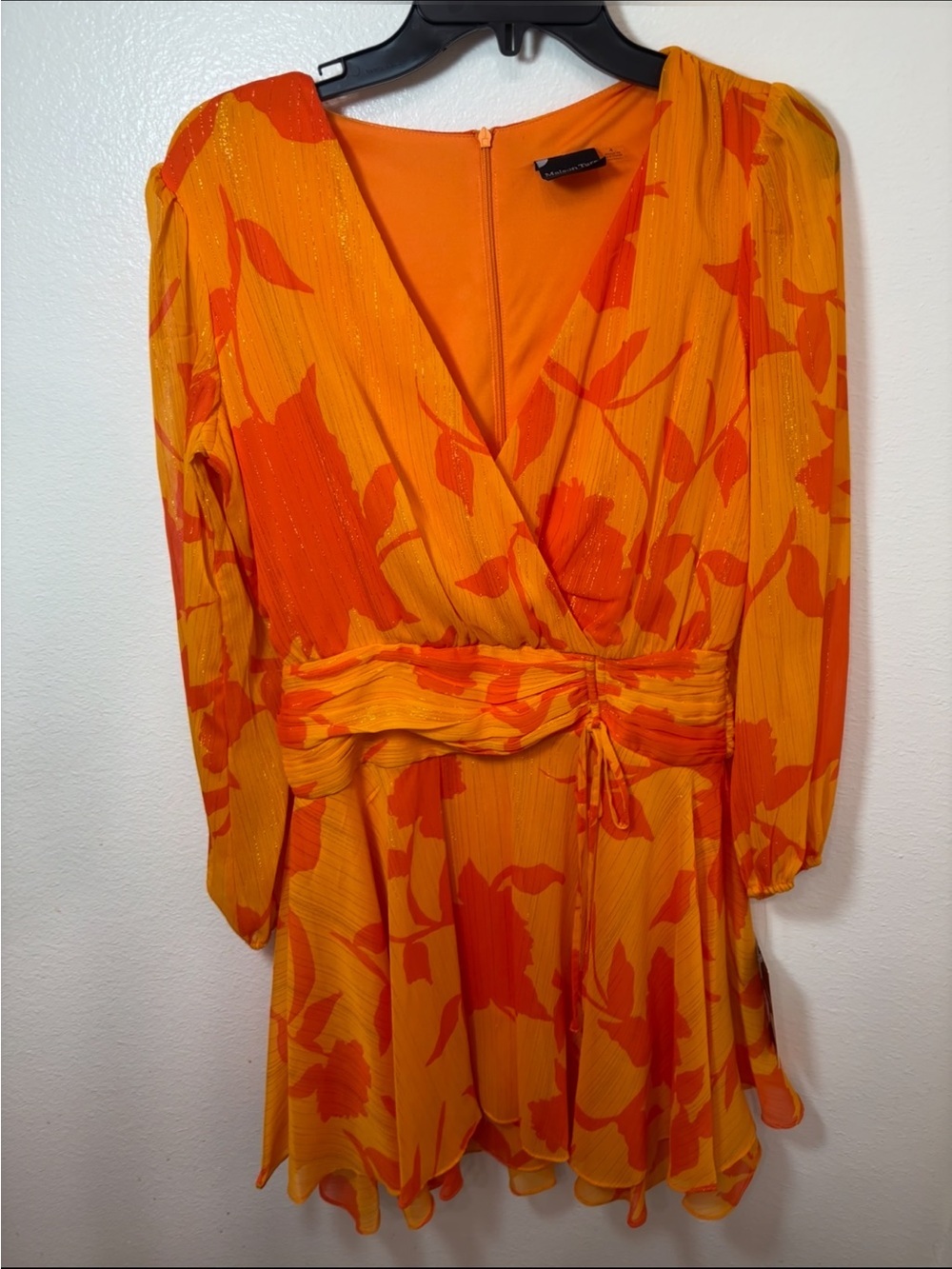 Maison Tara Orange Floral faux Wrap Mini long sleeve Dress - Picture 3 of 9